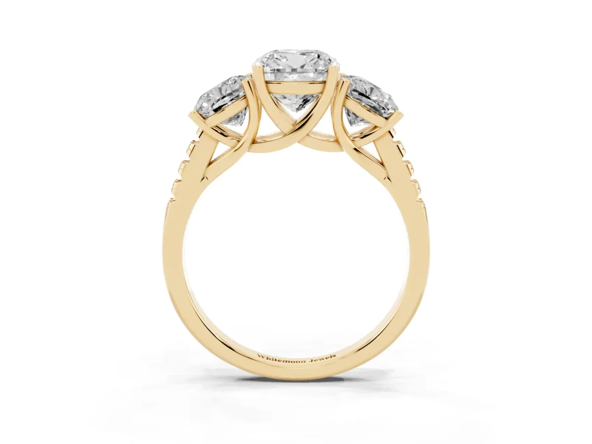 Three-Stone Cushion Cut Diamond Ring with Round Pavé Band and Prong Setting Yellow gold