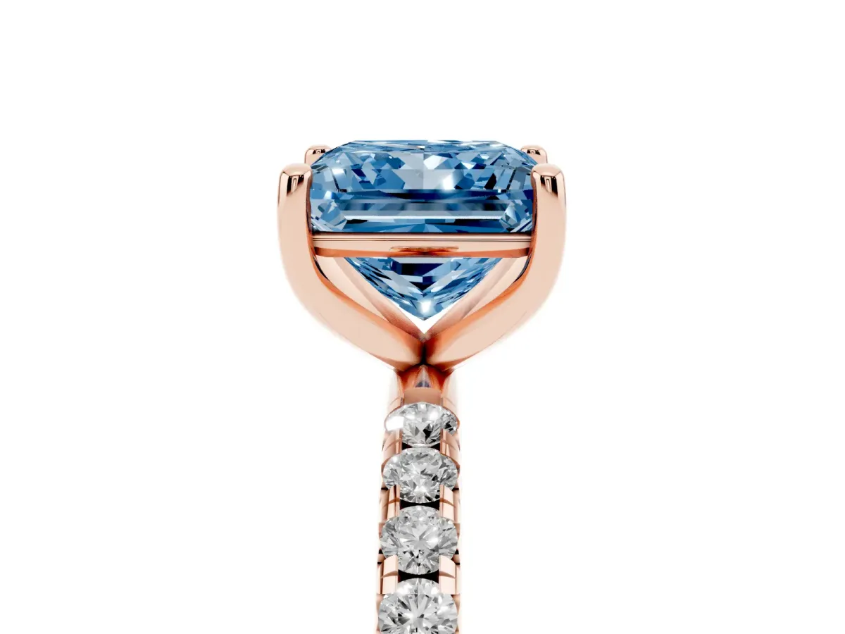 Fancy Blue Princess Cut Cut Diamond Solitaire Ring with Micro Pave Band and Four Prong Setting Rose gold