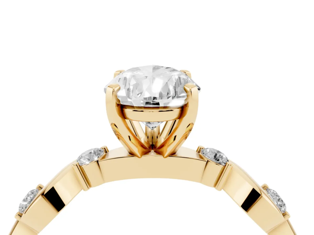 Pear Cut Diamond Solitaire Twisted Band with Round Accents and Prong Setting Yellow gold