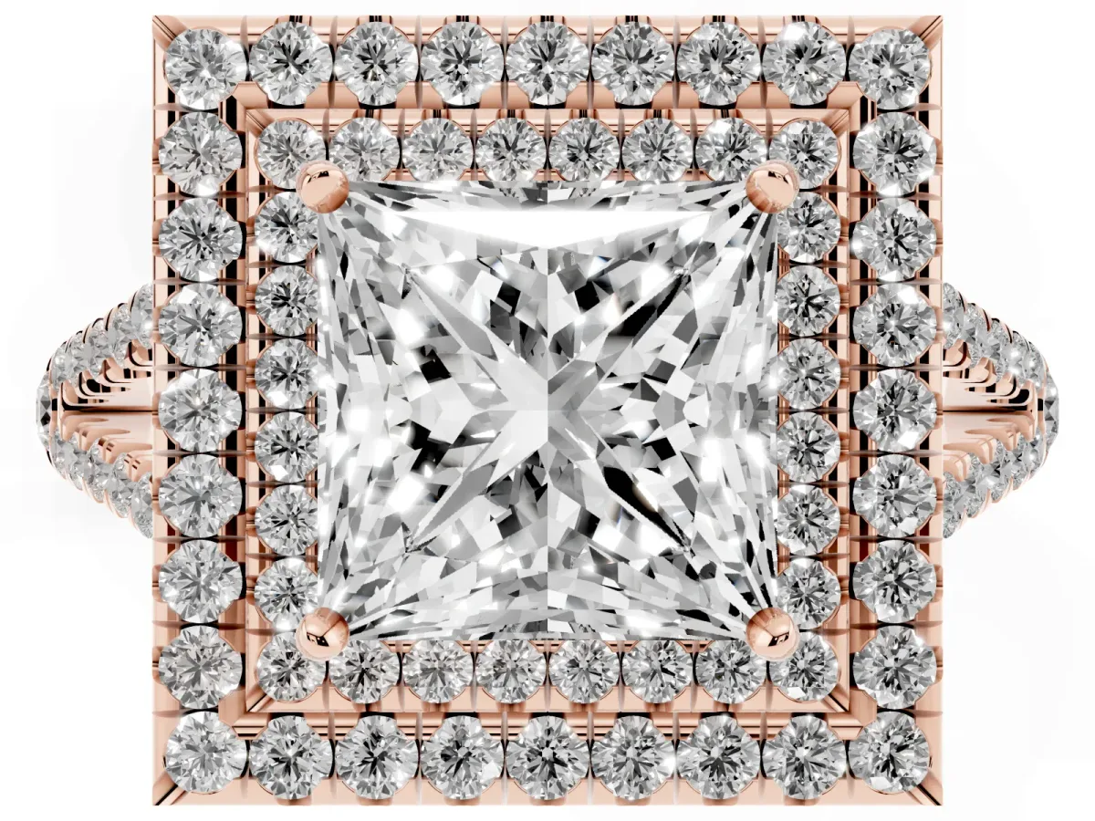 Princess Cut Diamond Double Halo Ring with Pavé Band and Prong Setting Rose gold