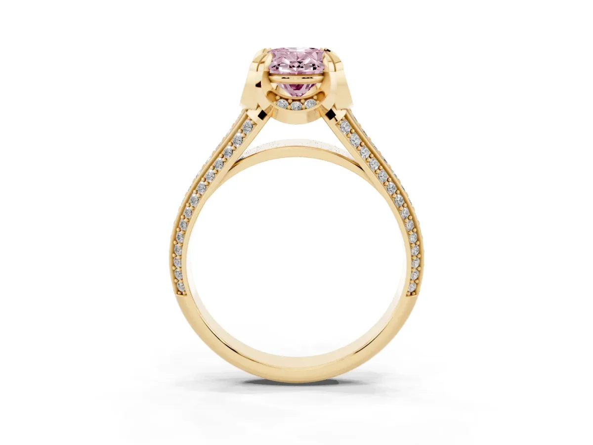 Fancy Pink Oval Cut Solitaire Pave Split Shank Ring with Four-Prong Setting Yellow gold