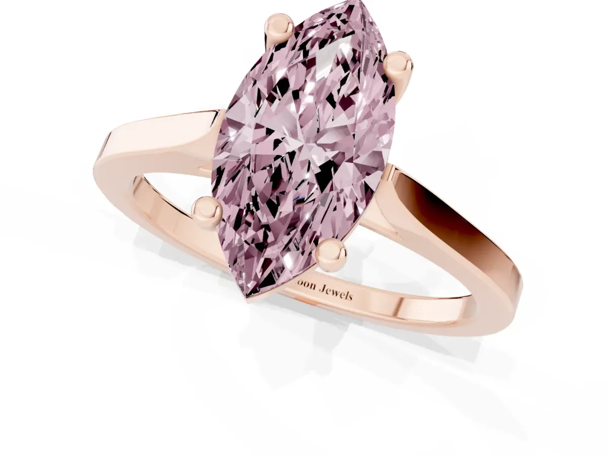 Fancy Pink Marquise Cut Solitaire Diamond Ring with Four-Prong Setting and Tapered Band Rose gold
