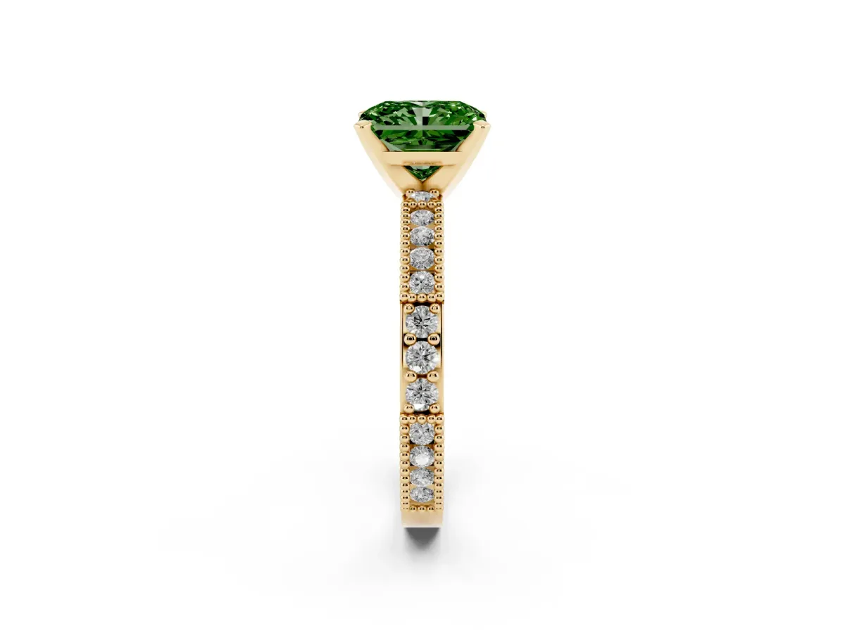 Fancy Green Radiant Cut Solitaire with Pavé Band and Four-Prong Setting Yellow gold