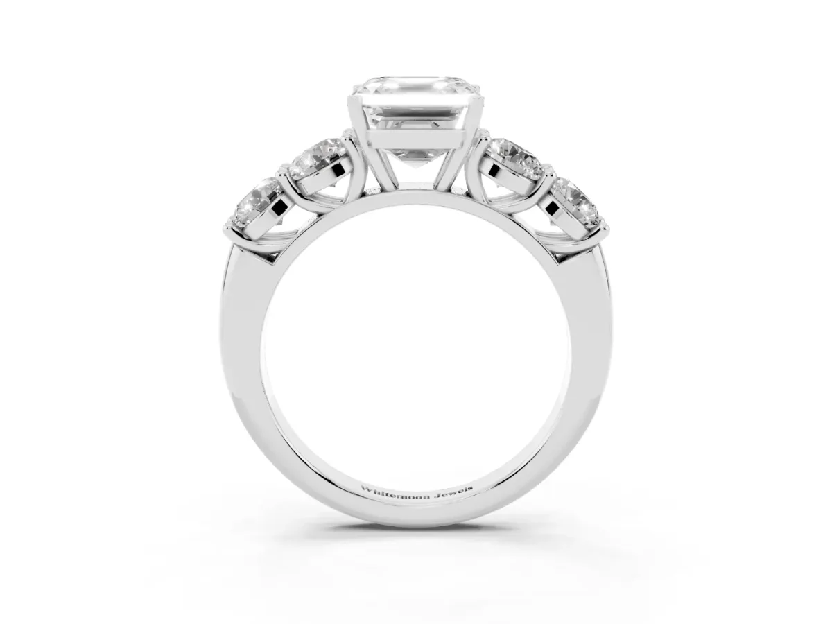 Asscher Cut Cut Five-Stone Prong Set Diamond Ring with Classic Band White gold