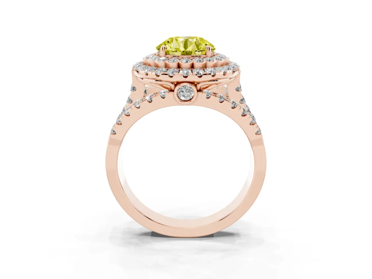 Fancy Yellow Round Cut Diamond Double Halo Ring with Round Pavé Split Shank and Prong Setting Rose gold
