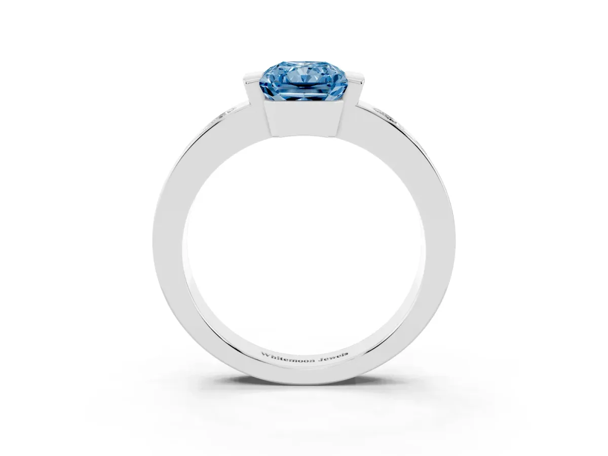Fancy Blue Radiant Cut Brilliant Channel-Set Diamond Ring with Bezel Prong Setting Silver