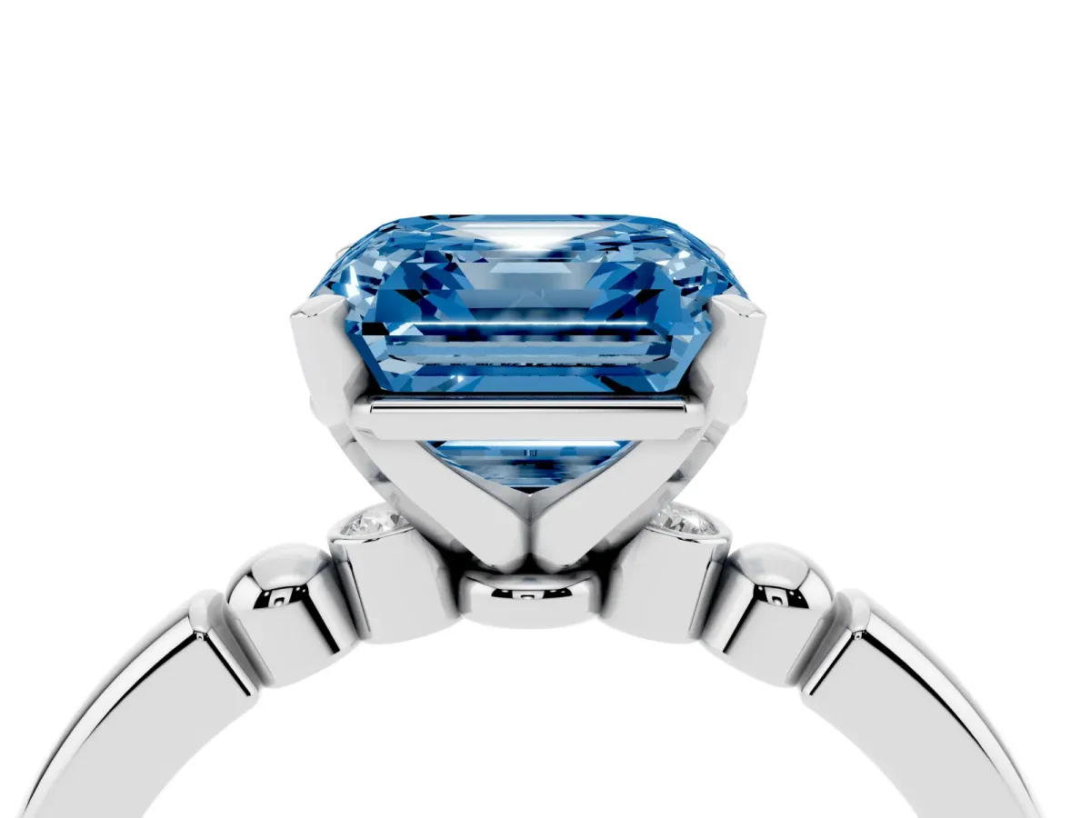 Fancy Blue Asscher Cut Solitaire Beaded Band with Four-Prong Setting Platinum