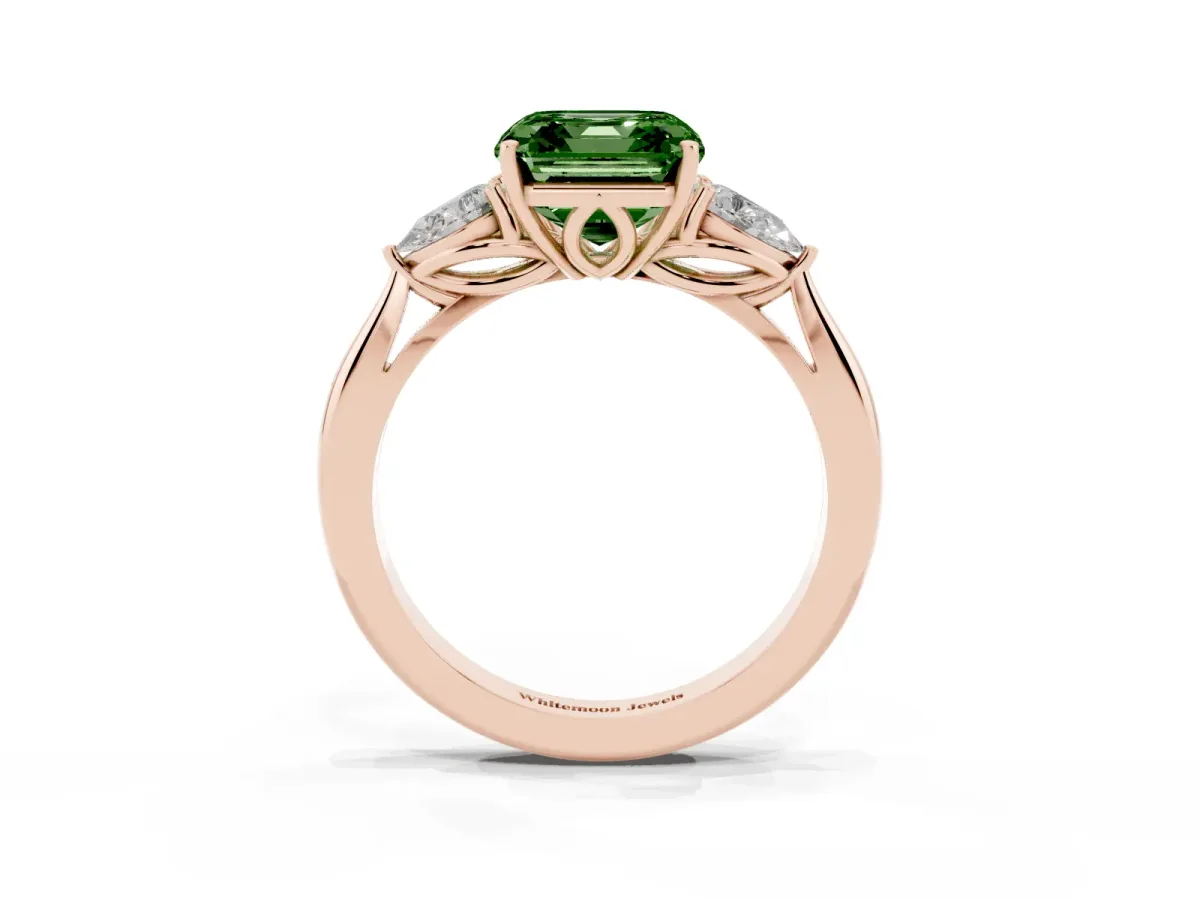 Fancy Green Three-Stone Asscher Cut Brilliant Diamond Solitaire Ring with Tapered Band and Four-Prong Setting Rose gold
