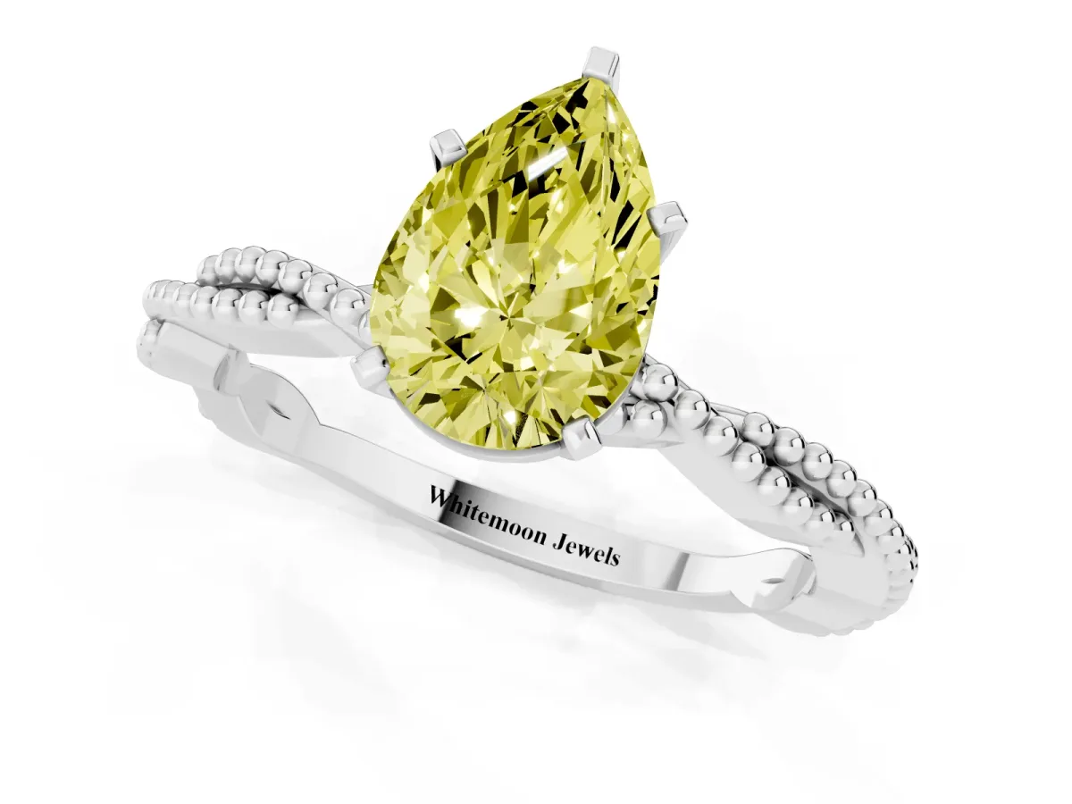 Fancy Yellow Pear Cut Solitaire Twisted Band with Bead Prong Setting Silver