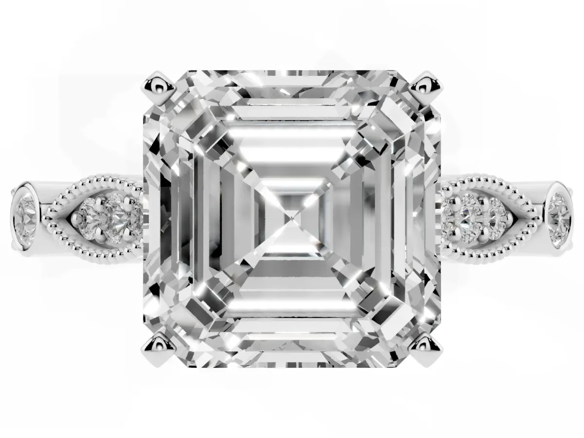 Asscher Cut Cut Diamond with Milgrain Marquise and Bezel Accents on a Solitaire Band with Prong Setting Platinum
