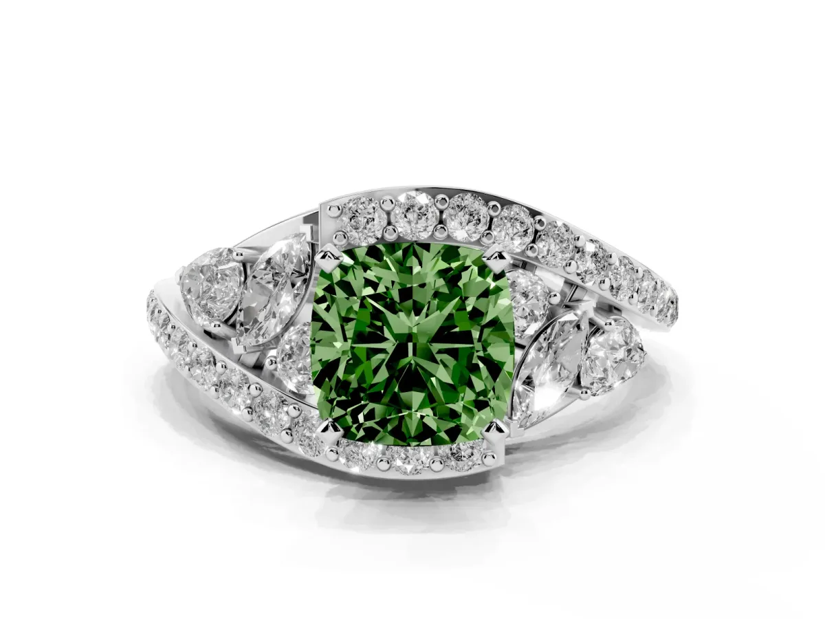 Fancy Green Cushion Cut Diamond Halo Ring with Marquise and Pavé Band in Prong Setting Silver