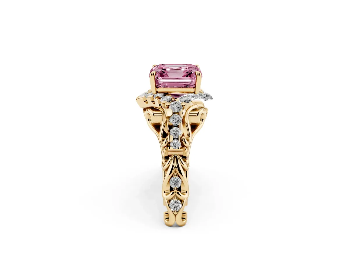 Fancy Pink Asscher Cut Diamond Solitaire Ring with Hidden Halo and Pavé Band Yellow gold