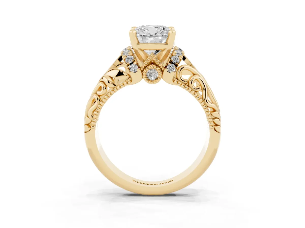 Cushion Cut Solitaire Filigree Engagement Ring with Halo and Prong Setting Yellow gold