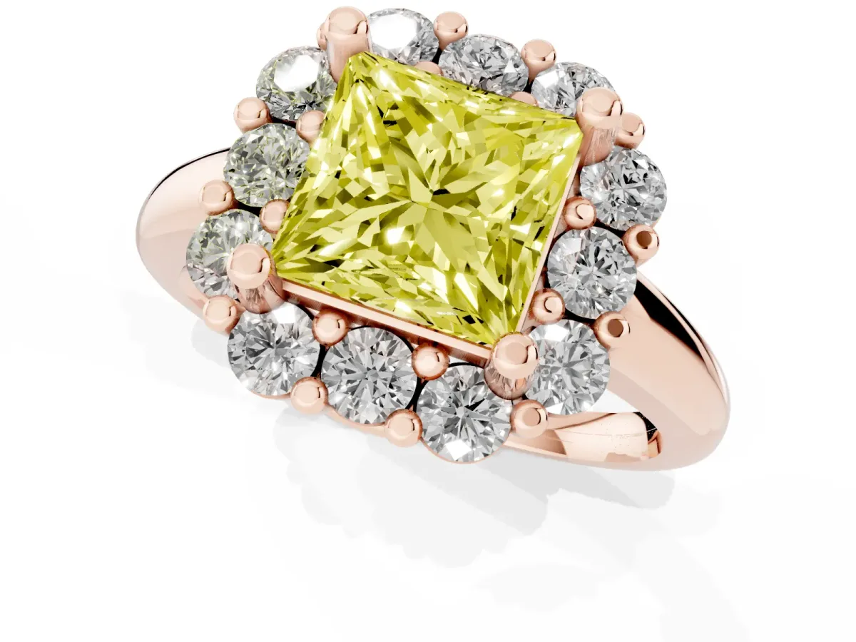 Fancy Yellow Princess Cut Halo Cluster Diamond Engagement Ring with Prong Setting and Polished Band Rose gold