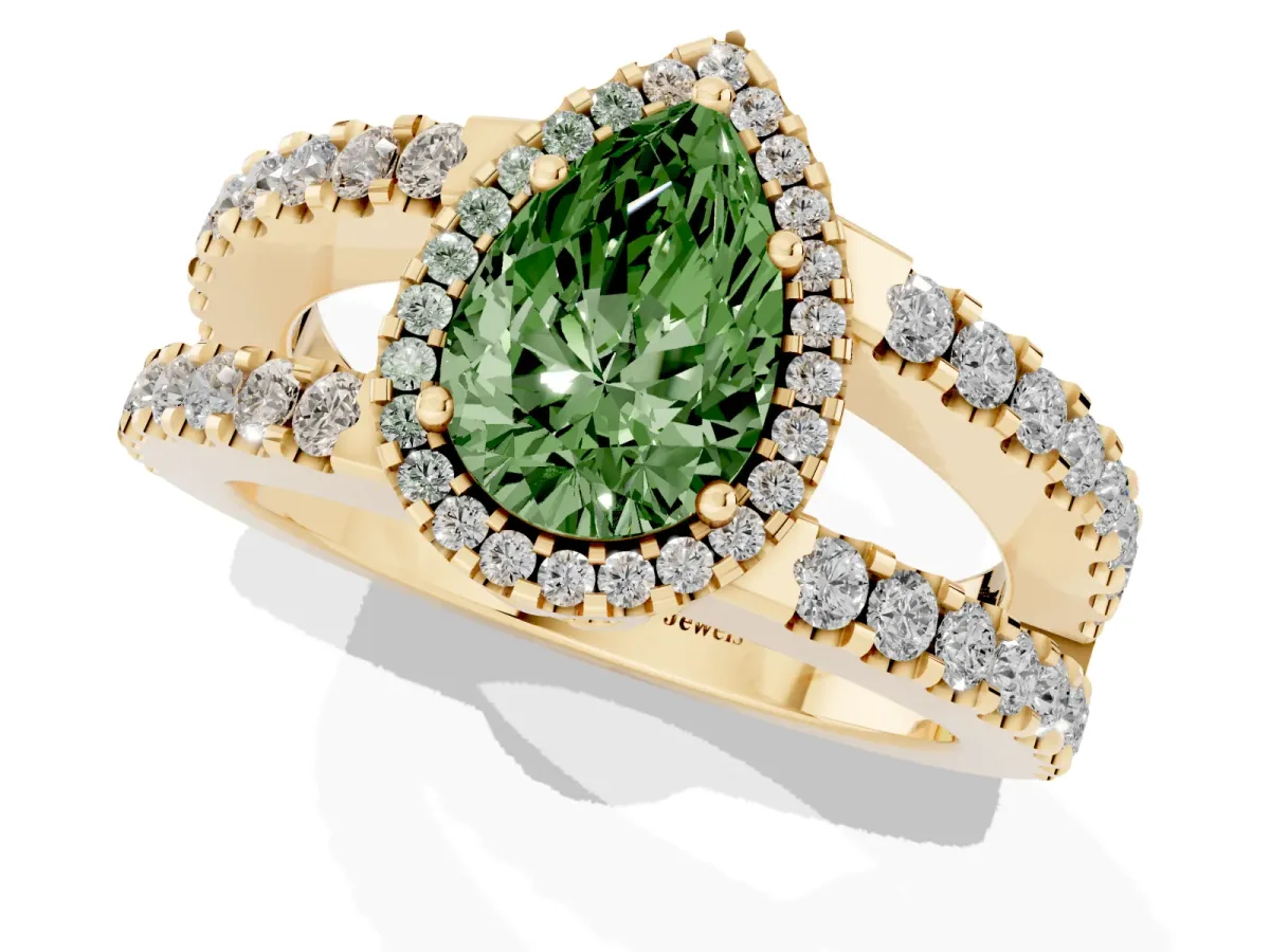 Fancy Green Pear Cut Cut Halo Split Shank Diamond Ring with Four-Prong Setting Yellow gold