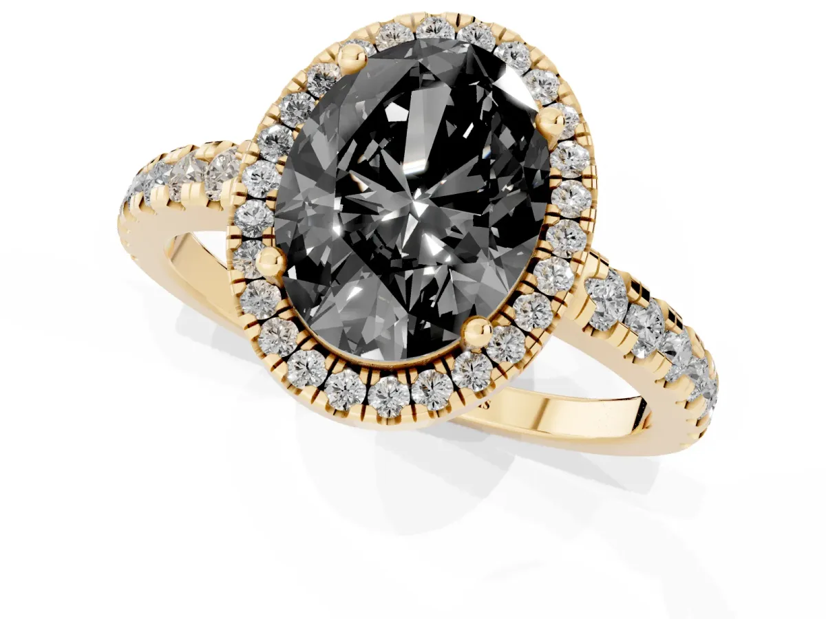 Fancy Black Oval Cut Diamond Halo Ring with Pavé Band and Four-Prong Setting Yellow gold