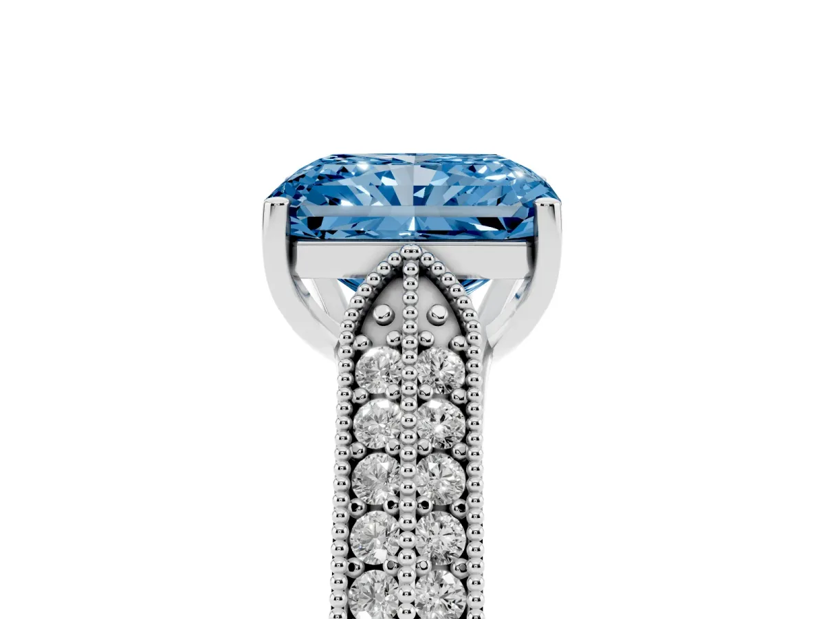 Fancy Blue Radiant Cut Cut Pave Split Shank Engagement Ring with Four-Prong Setting White gold