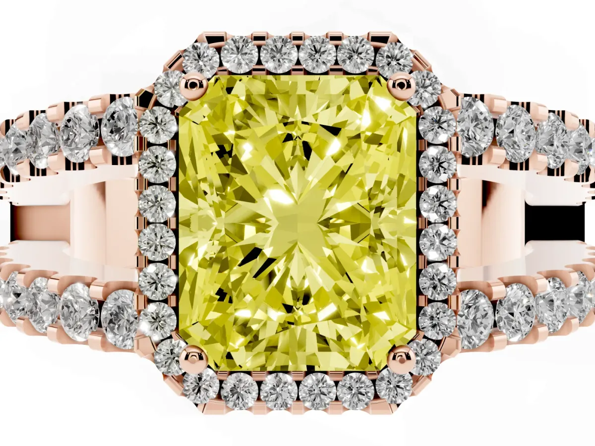 Fancy Yellow Radiant Cut Cut Halo Split Shank Diamond Ring with Four-Prong Setting Rose gold