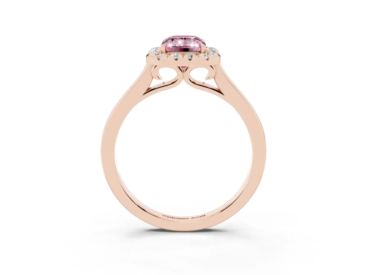 Fancy Pink Emerald Cut Halo Round Diamond Solitaire Ring with Pavé Band and Four-Prong Setting Rose gold
