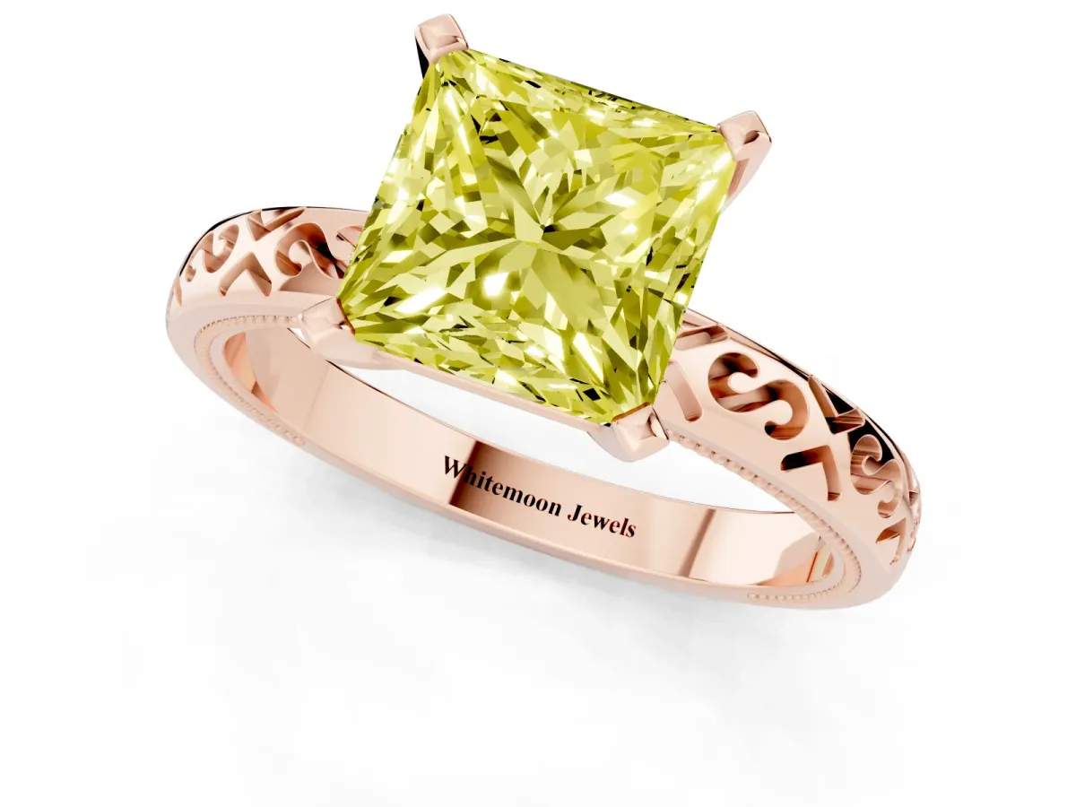 Fancy Yellow Princess Cut Solitaire Engagement Ring with Scrollwork Band and Four-Prong Setting Rose gold