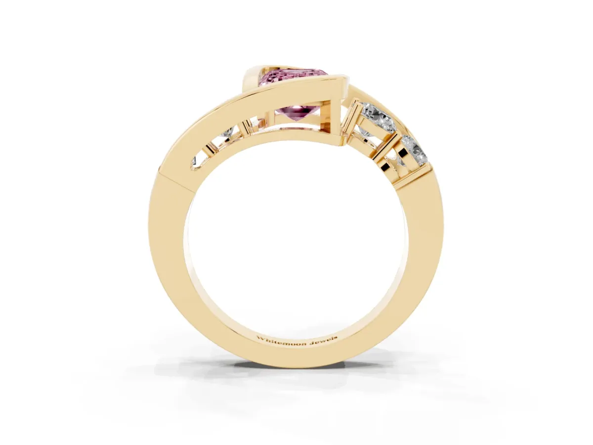 Fancy Pink Bezel Set Emerald Cut Diamond Bypass Ring with Round Accents Yellow gold