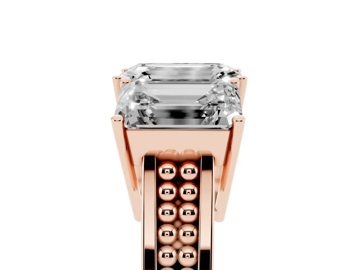 Emerald Cut Diamond Three-Stone Ring with Prong Setting and Textured Band Rose gold