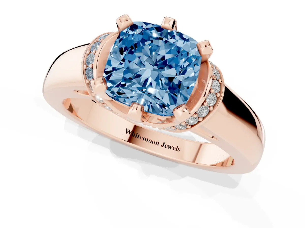 Fancy Blue Cushion Cut Solitaire Diamond Ring with Pave Band and Six-Prong Setting Rose gold
