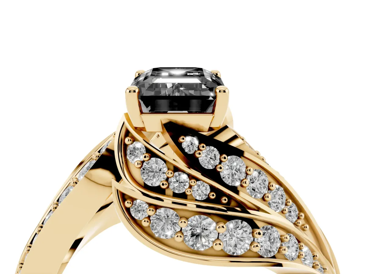 Fancy Black Emerald Cut Diamond Solitaire Ring with Prong Setting and Twisted Pavé Band Yellow gold