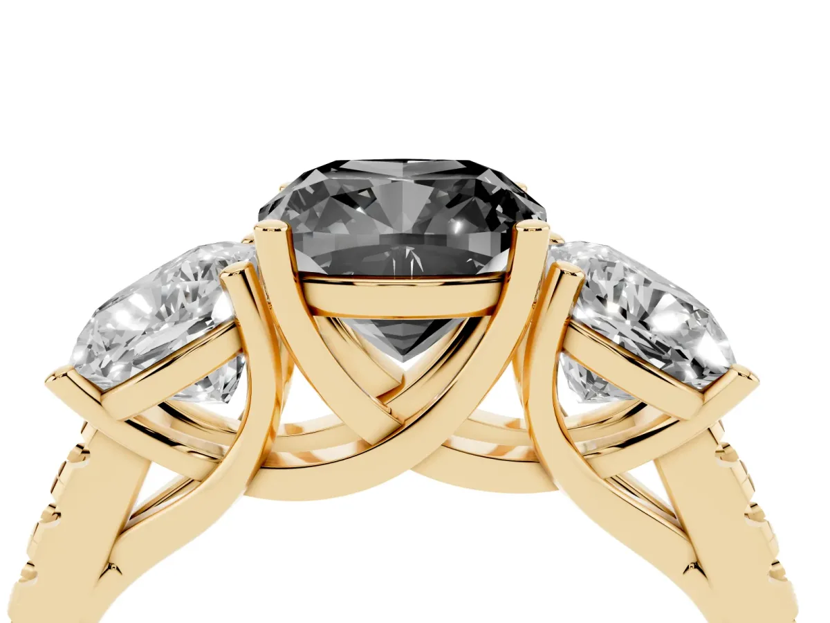 Fancy Black Three-Stone Cushion Cut Diamond Ring with Round Pavé Band and Prong Setting Yellow gold
