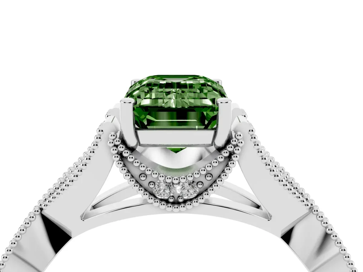 Fancy Green Emerald Cut Cut Diamond Twisted Band with Milgrain Pave Setting and Four-Prong Setting Silver