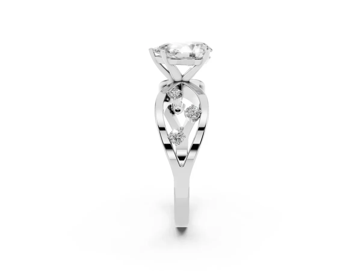 Pear Cut Cut Solitaire Diamond with Side Stones on Criss-Cross Band and Four-Prong Setting Silver