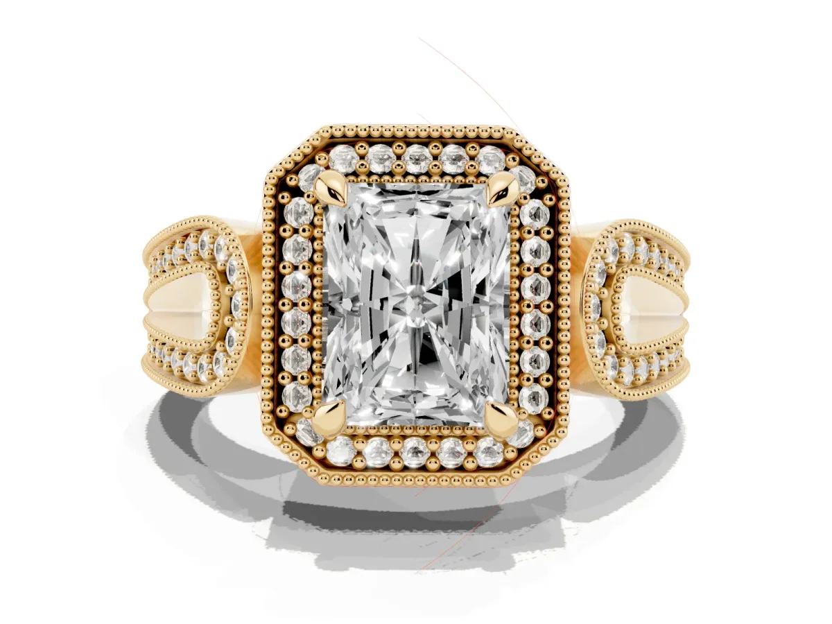 Radiant Cut Halo Split Shank Milgrain Diamond Ring Yellow gold