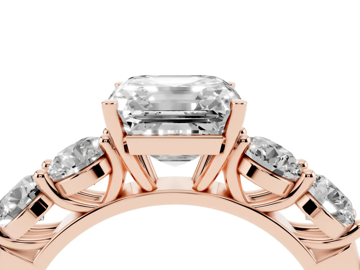 Asscher Cut Cut Five-Stone Prong Set Diamond Ring with Classic Band Rose gold