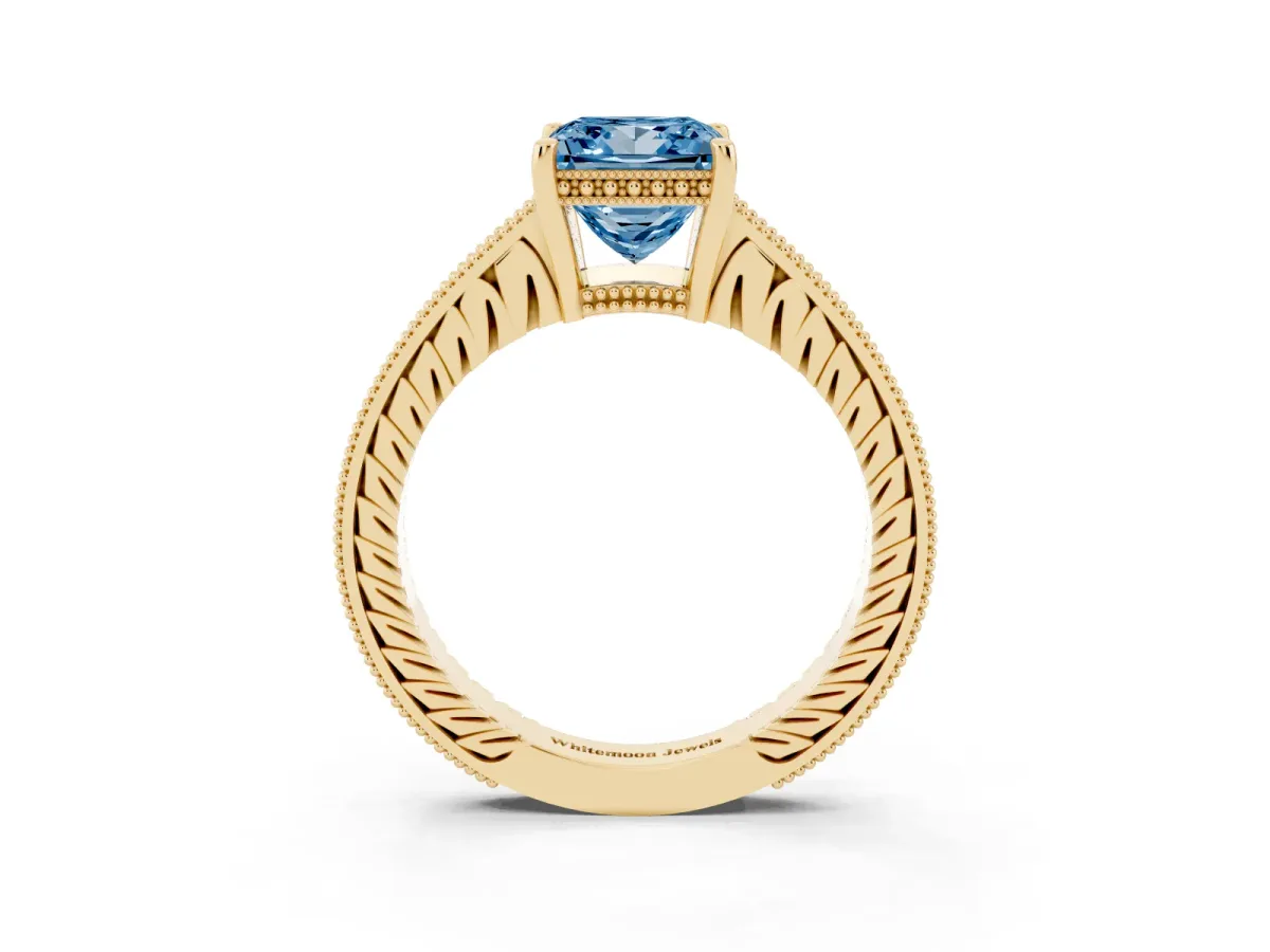Fancy Blue Princess Cut Solitaire Pavé Diamond Milgrain Engagement Ring with Four-Prong Setting Yellow gold