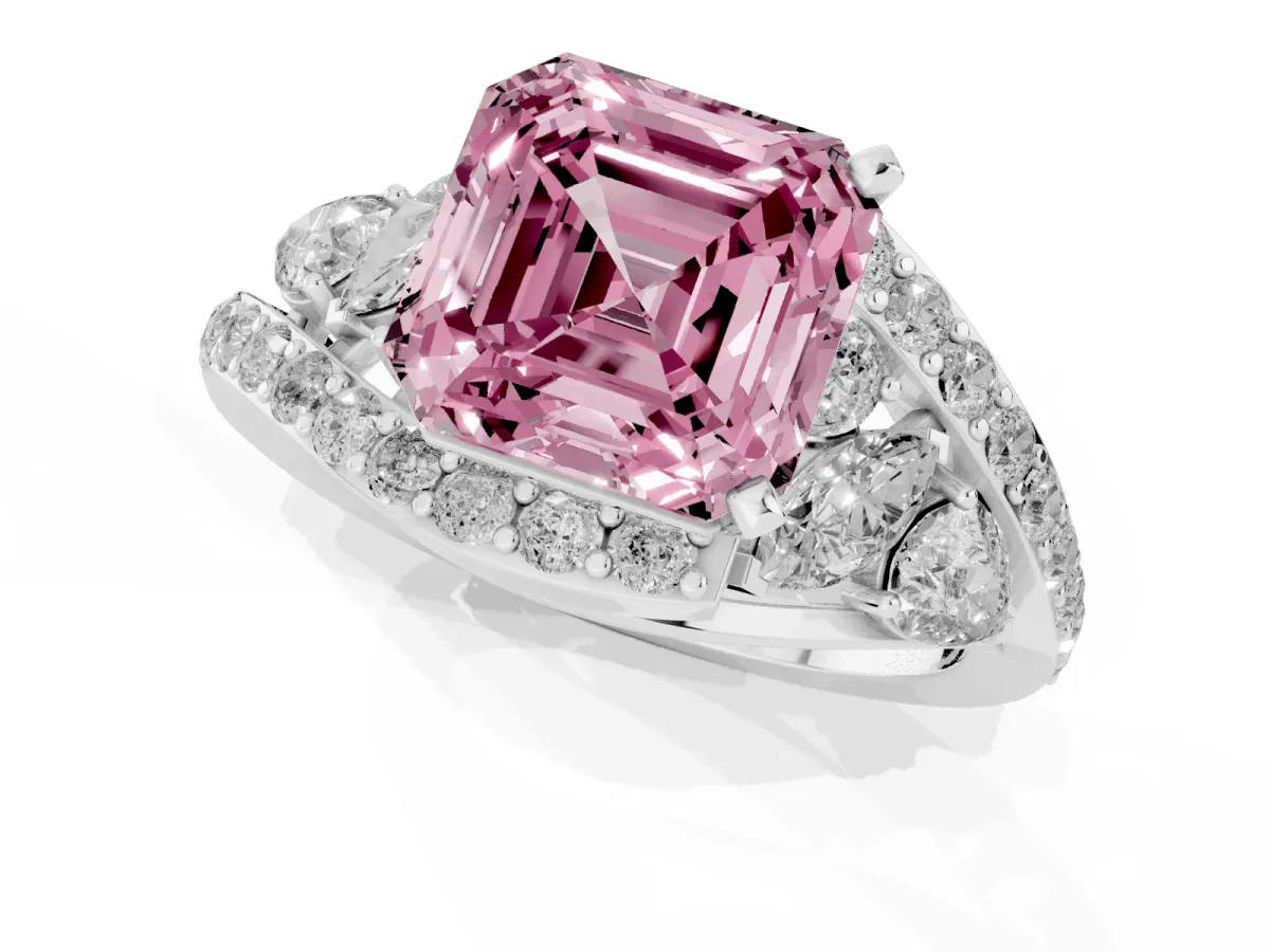 Fancy Pink Asscher Cut Diamond Halo Ring with Marquise and Pavé Band in Prong Setting Silver