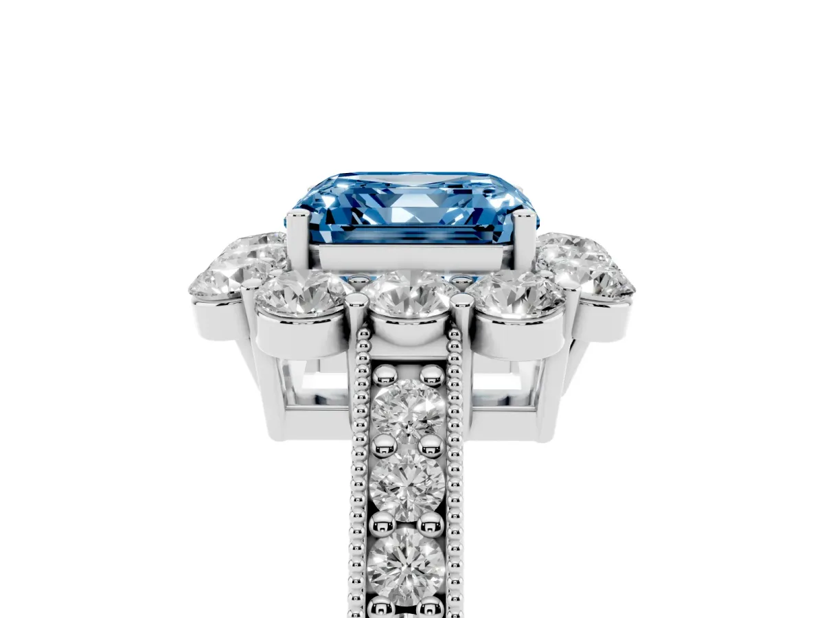 Fancy Blue Asscher Cut Cut Halo Diamond Pavé Engagement Ring with Milgrain Detailing Platinum