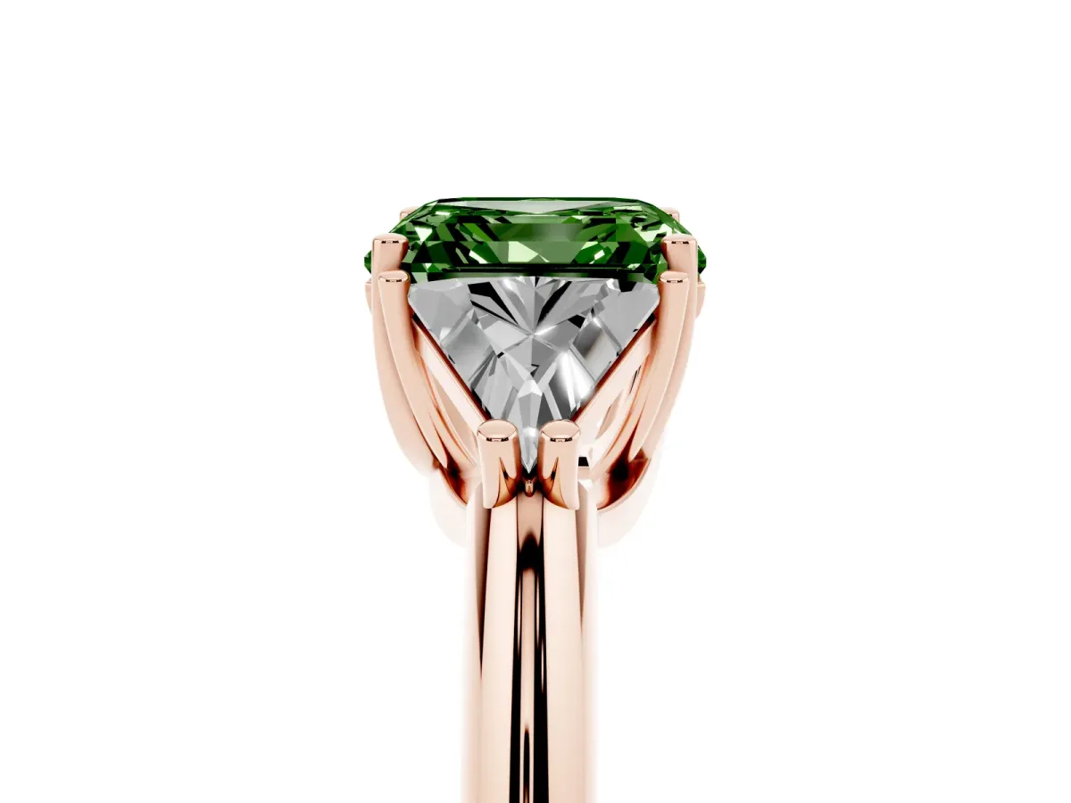 Fancy Green Three-Stone Asscher Cut Diamond Engagement Ring with Trillion Side Stones and Prong Setting Rose gold
