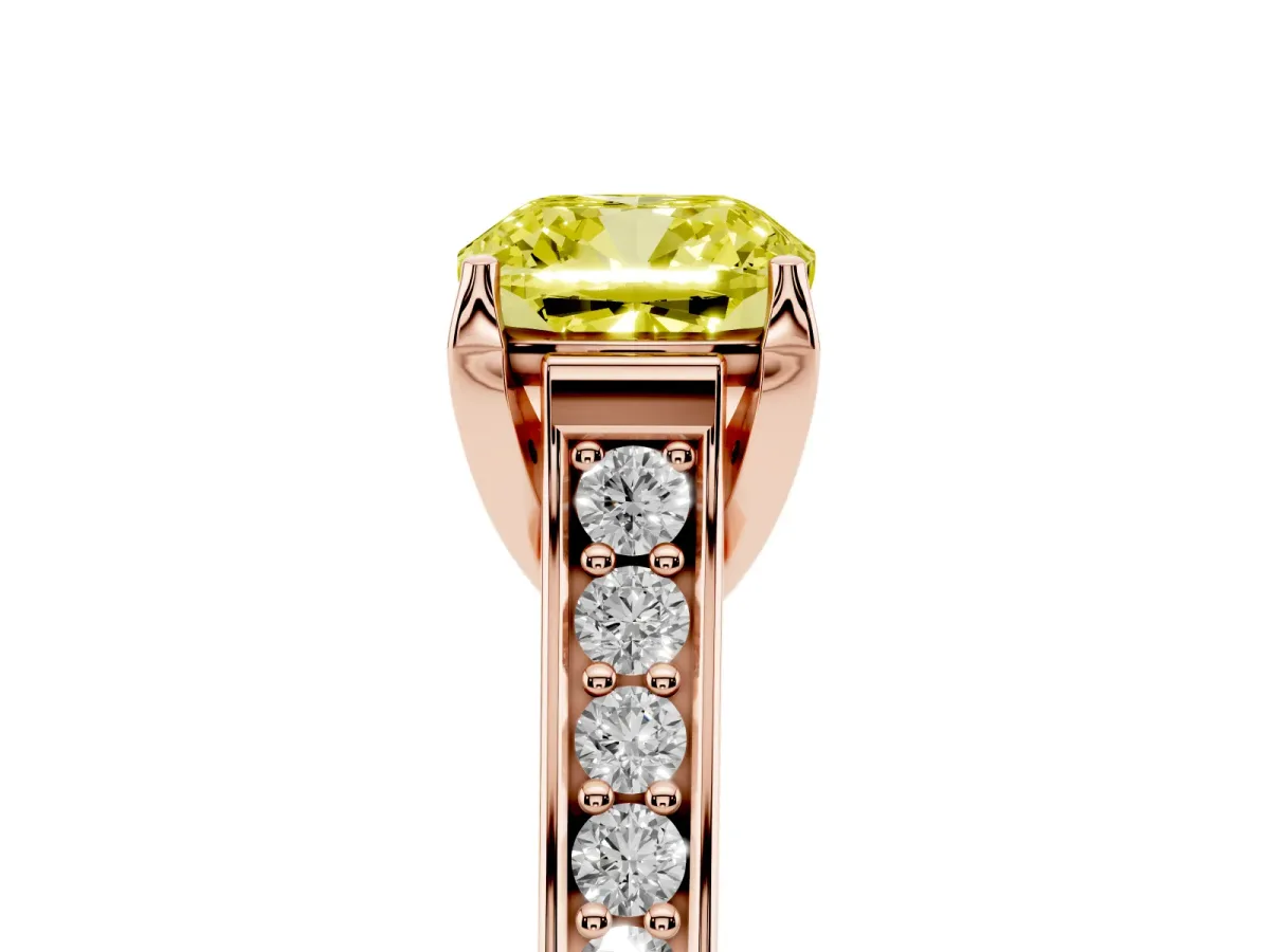 Fancy Yellow Cushion Cut Brilliant Cut Diamond Engagement Ring with Pavé Band and Four-Prong Setting Rose gold