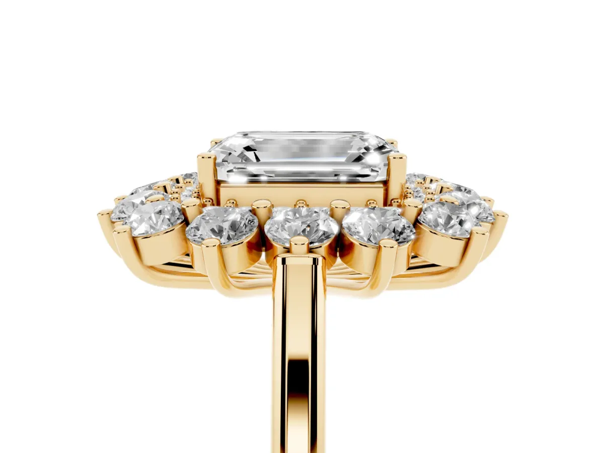 Emerald Cut Diamond Floral Double Halo Engagement Ring with Prong Setting Yellow gold
