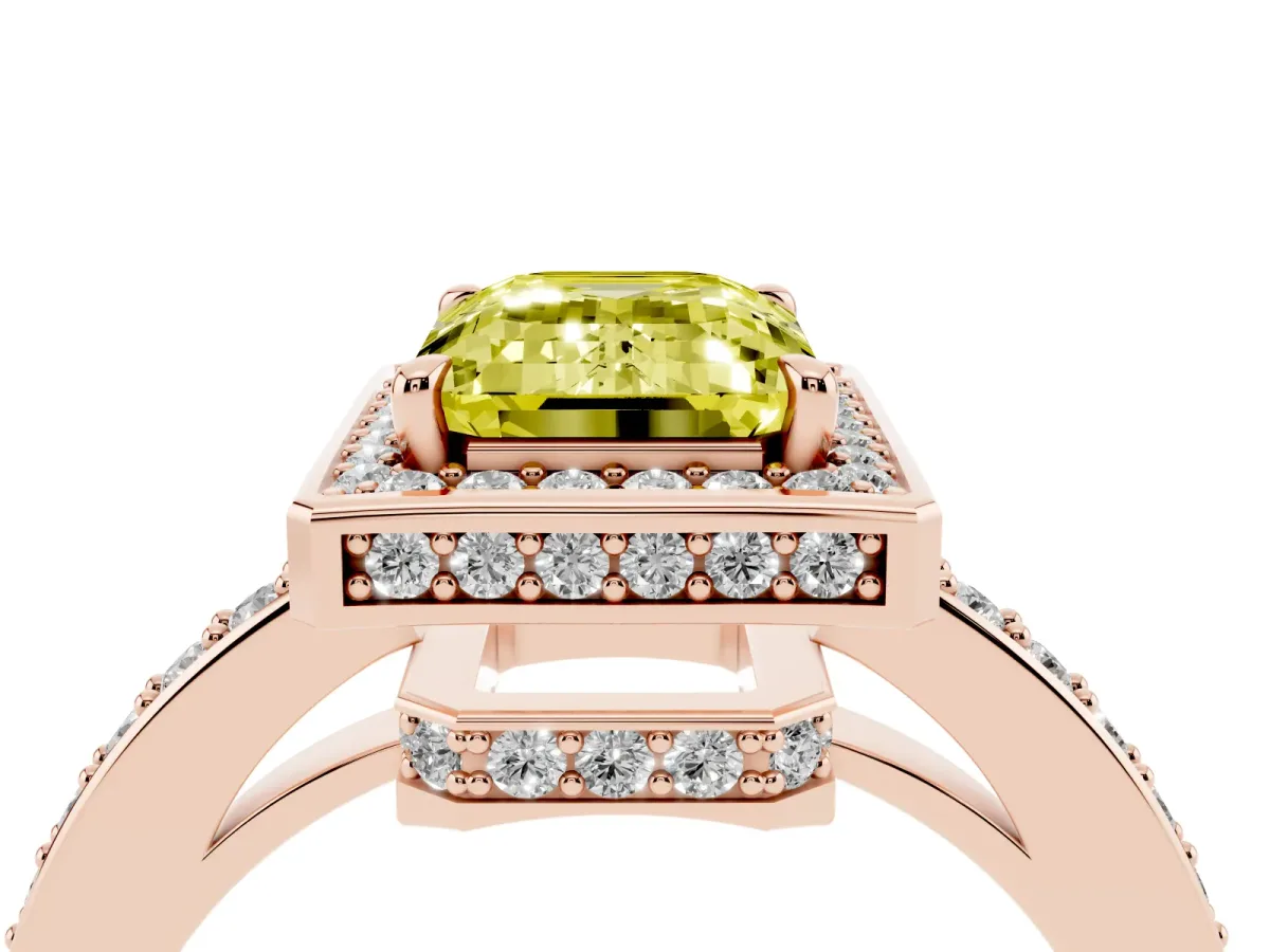 Fancy Yellow Emerald Cut Halo Pave Band Solitaire Ring with Prong Setting Rose gold