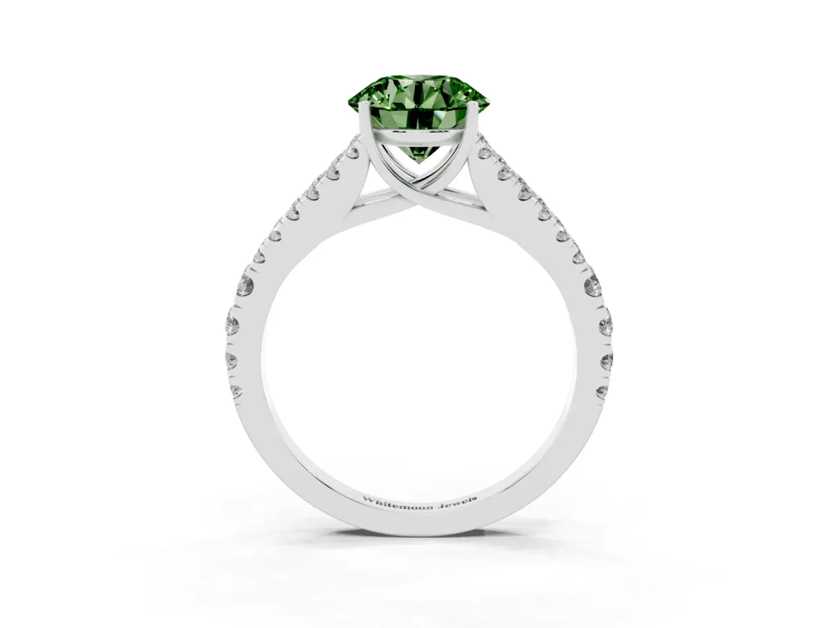 Fancy Green Round Cut Diamond Split Shank Engagement Ring with Round Pavé and Prong Setting Silver