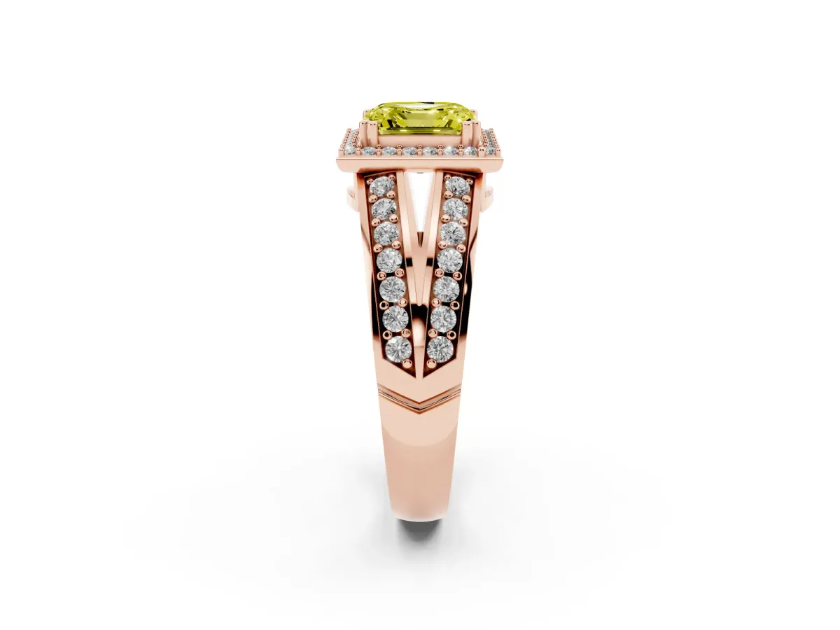 Fancy Yellow Asscher Cut Diamond Halo Ring with Split Shank Pavé Band and Four-Prong Setting Rose gold