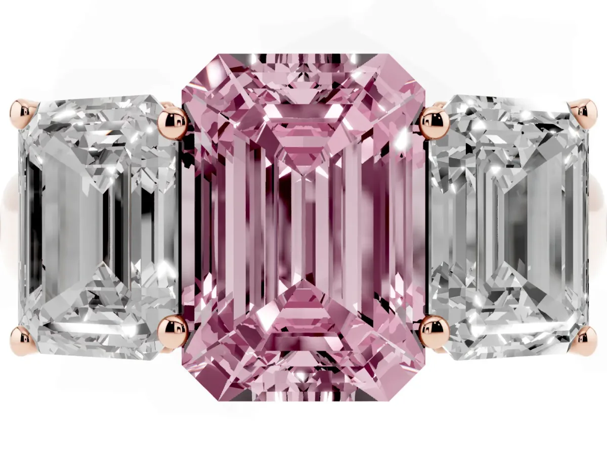 Fancy Pink Emerald Cut Three-Stone Diamond Ring with Prong Setting on a Classic Band Rose gold