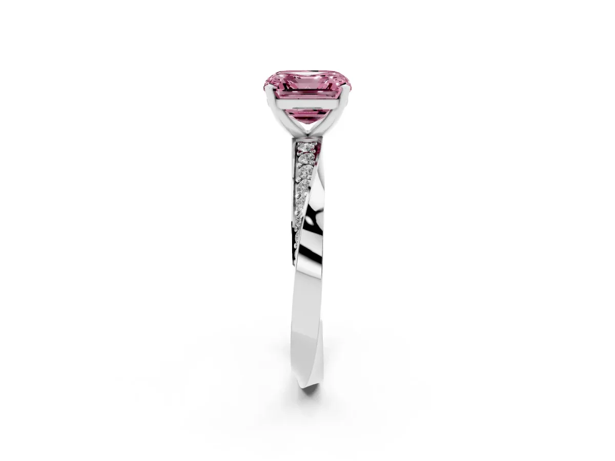 Fancy Pink Asscher Cut Diamond Engagement Ring with Side Stone Accents and Four-Prong Setting Silver
