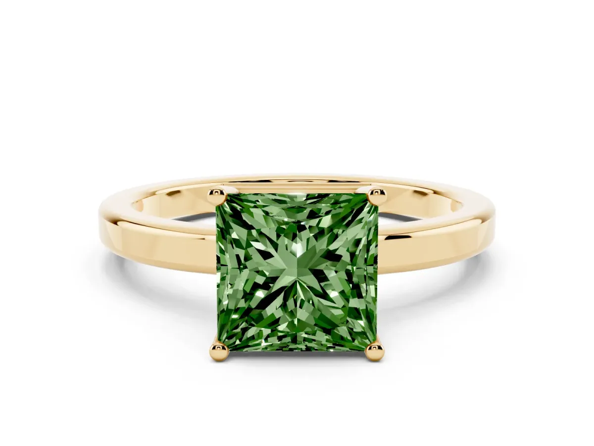 Fancy Green Princess Cut Cut Solitaire Engagement Ring with Four-Prong Setting on a Classic Band Yellow gold