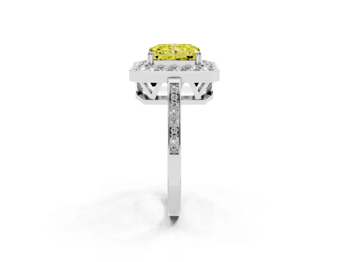 Fancy Yellow Radiant Cut Diamond Halo Ring with Split Shank and Four-Prong Setting Silver