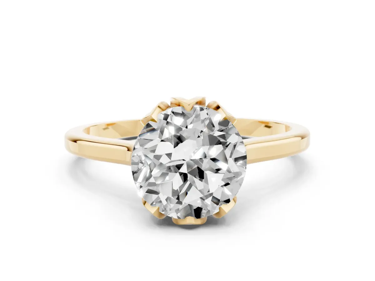 Round Cut Diamond Solitaire Ring with Flower Prong Setting and Classic Band Yellow gold