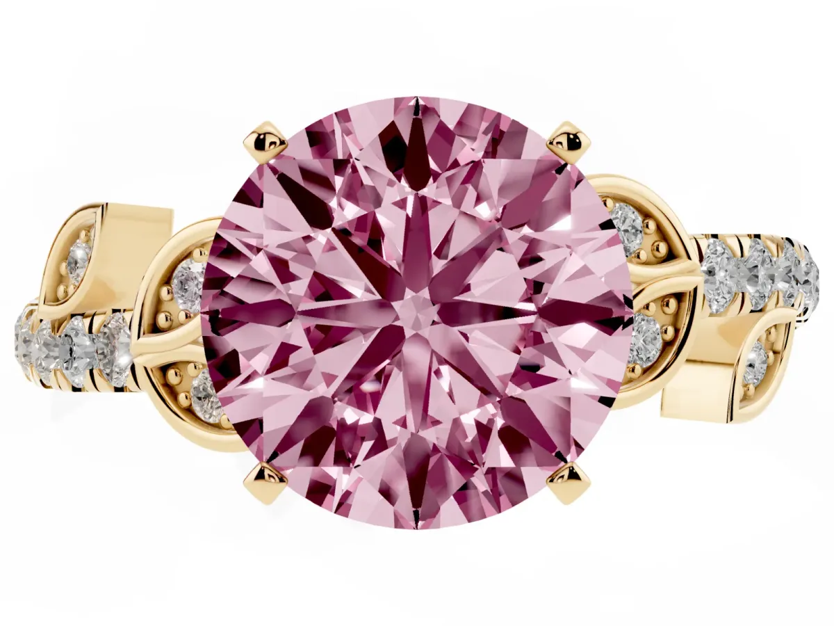 Fancy Pink Round Cut Solitaire Leaf-Inspired Diamond Ring with Pavé Band and Four-Prong Setting Yellow gold
