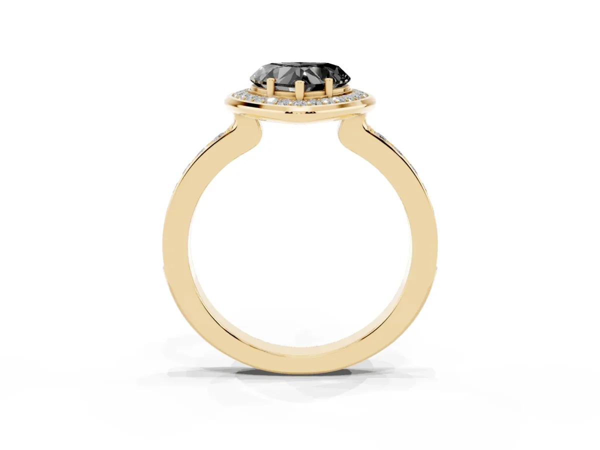 Fancy Black Heart Cut Diamond Halo Ring with Bezel Frame and Pavé Band Yellow gold
