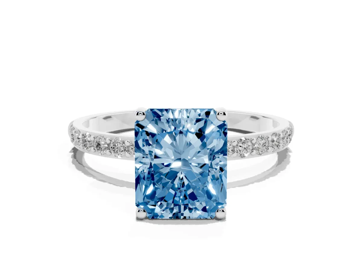 Fancy Blue Radiant Cut Diamond Solitaire Ring with Round Pavé Shoulders and Prong Setting Silver